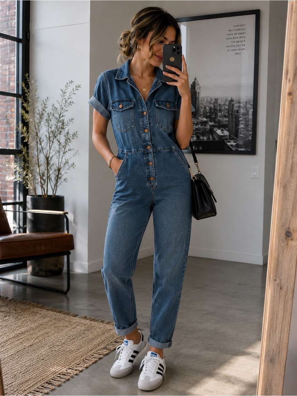 Celebrity Pink Short-Sleeve Denim Jumpsuit in Blue